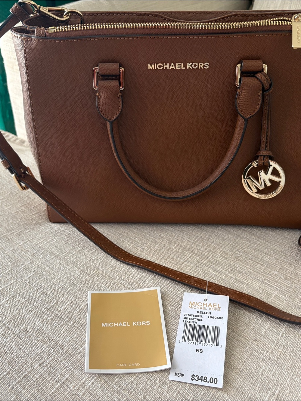 Michael Kors Brown Leather Saffiano Satchel with MK Charm